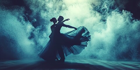 Ballroom dancers with smoke and light, dancing  on stage - obrazy, fototapety, plakaty
