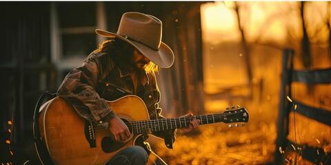 Country music singer playing the guitar in an idyllic country setting - obrazy, fototapety, plakaty