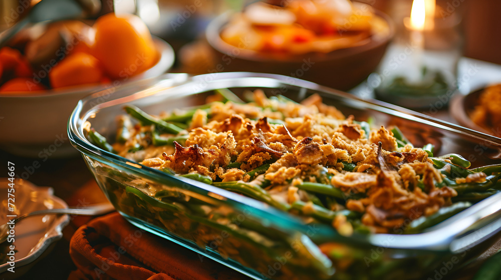 Poster green bean casserole on a light background close-up