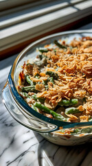 green bean casserole on a light background close-up