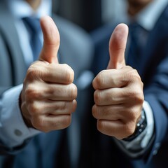 Hands showing thumbs up with business men endorsing, giving approval or saying thank you as a team in the office.