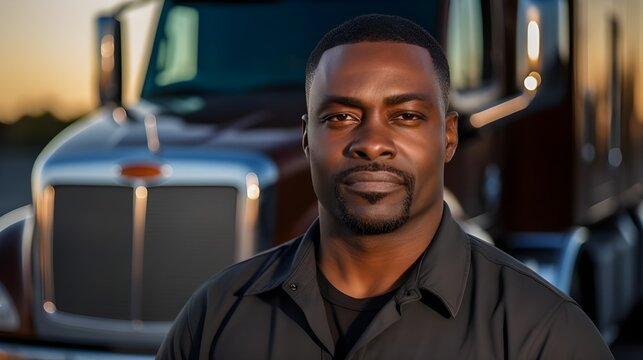 Headshot of a Black Truck Driver Standing In Front of a Semi