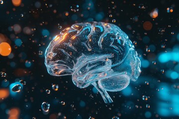 human glassy brain on dark room water drops. 3d rendering. ligh-quality 4K image. Generative AI