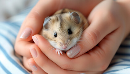 Gently cradled in the hands adorned with a glittery manicure, a small and adorable hamster looks out curiously, feeling safe and cherished