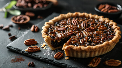 pecan pie closeup on black background with space for text - obrazy, fototapety, plakaty