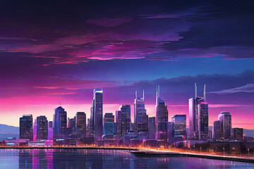 City lights aglow. Twilight urban cityscape with illuminated buildings, set against a stunning gradient sky from indigo to magenta. A mesmerizing skyline moment. 