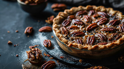 pecan pie closeup on black background with space for text