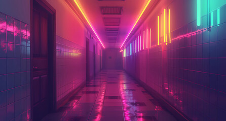 color lights glow on a bright hallway