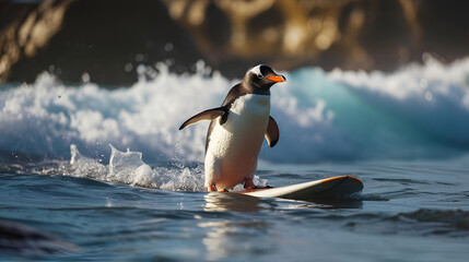 Obraz premium penguin surfing on a board in the ocean on a background with space for text