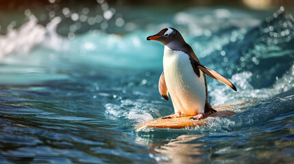 Fototapeta premium penguin surfing on a board in the ocean on a background with space for text