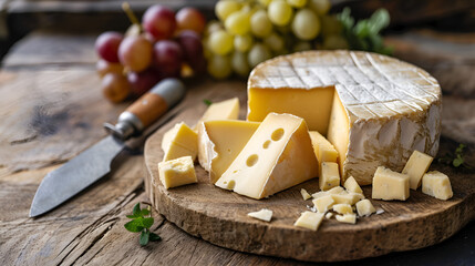 Fototapeta premium Emmentaler cheese close-up on a wooden board with space for text