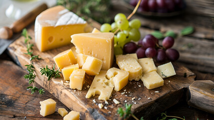 Emmentaler cheese with copy space close-up, on a wooden board on a dark background with space for text