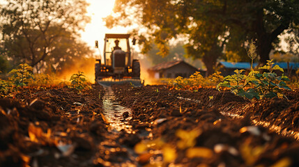 A farmer sows seeds with an automatic fertilizer drill in a rural village.