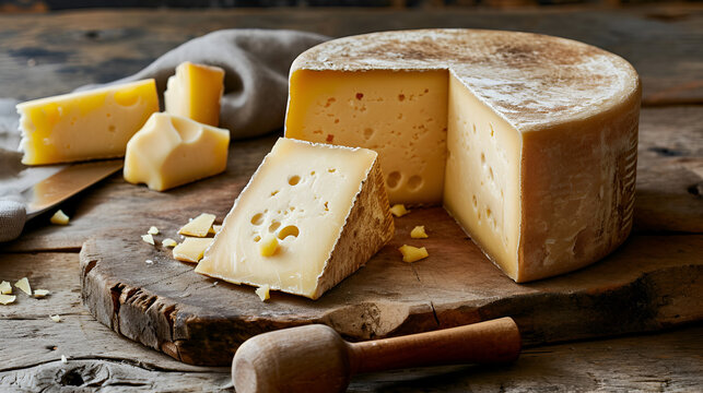 Gruy&egrave;re cheese close-up on a wooden board