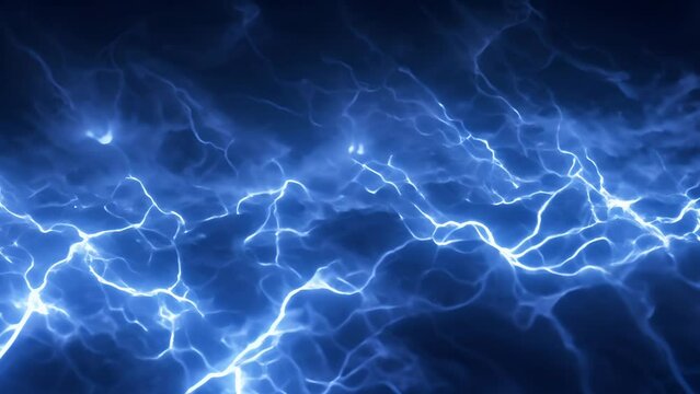Numerous electric branches emitting a pale blue glow intersect, filling the space with high-tension energy
