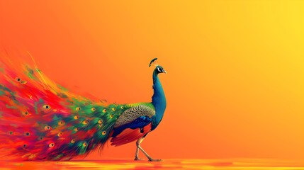 Vibrant Peacock on Orange Background