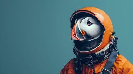Penguin in Space Suit on Blue Background