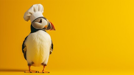 Puffin in Chef's Hat Standing on Yellow Background