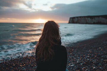 Woman looking at the sea at sunset.