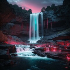 Waterfall in Rocky Mountain with Red Lights, Dusk