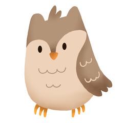 Easter-themed owl cartoon illustration featuring adorable yellow chicks in a farm setting, surrounded by eggs, conveying a cute and funny depiction of nature during the holiday season