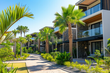 Fototapeta na wymiar a modern hotel with big tropical garden