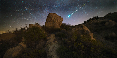 Bolide Meteorite, Intense Streak, Long Exposure, Meteor Tail, Multicolor, Astrophotography, Santa...