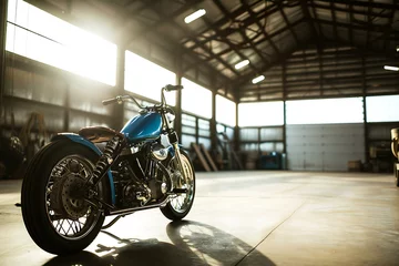 Foto op Canvas Vintage motorcycle in garage, vintage motorbike in the hangar © Tidal