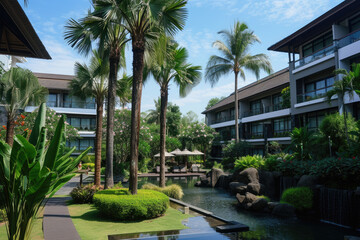 Fototapeta na wymiar a modern hotel with big tropical garden