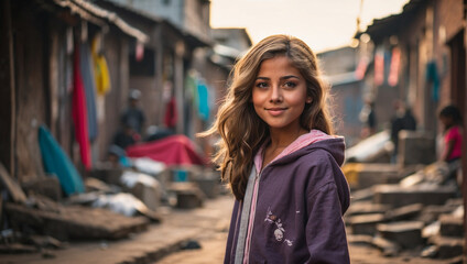 Fototapeta premium girl with a background in a slum environment