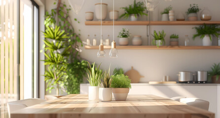 dining room with plants on shelves