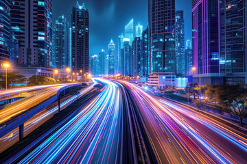 Fototapeta na wymiar Vibrant City Nightscape with Illuminated Skyscrapers and Traffic Trails