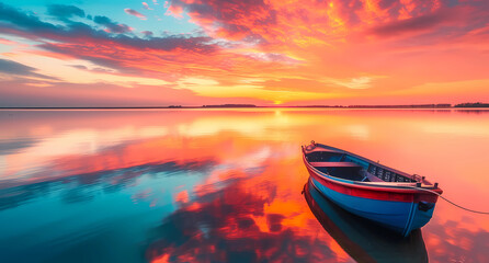 a colorful sunset over the water on a boat docked - Powered by Adobe