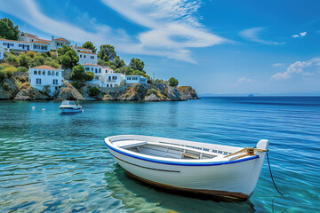 Fototapeta na wymiar Serene Coastal View with White Boat and Mediterranean Architecture
