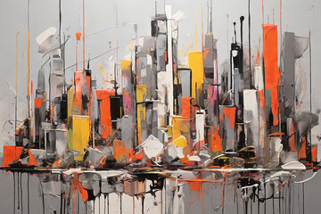 Vertical city abstraction. Gray and white brush strokes meet vibrant splashes, creating an abstract urban masterpiece. Elevate your projects with this dynamic cityscape. 