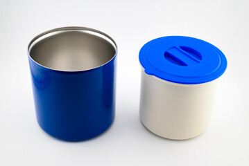 plastic and iron lunch container with blue lid