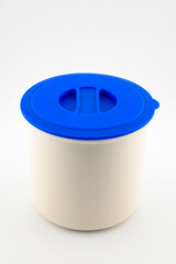 White food grade plastic round container with blue lid