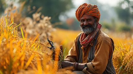 Happy Indian farmer holding sickle and crops in hand