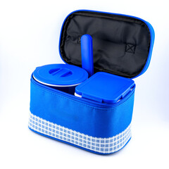camping and food storage set, blue thermal bag and plastic food boxes
