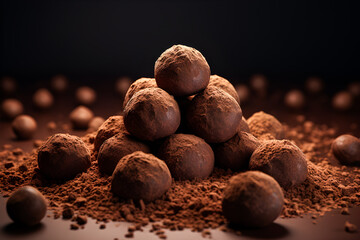  close up of the cocoa, chocolate truffle on dark background, generated ai