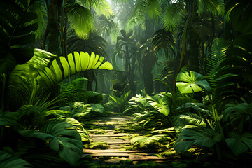 Close-up of a mysterious bright jungle with green leaves , 3d illustration, generated ai