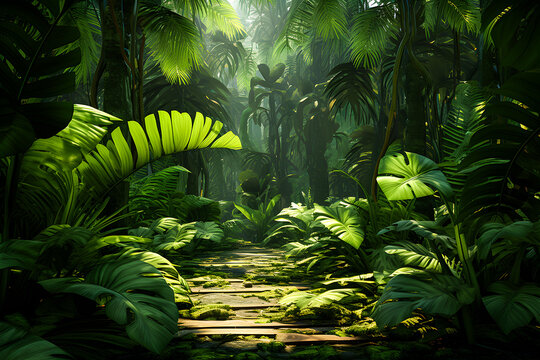 Fototapeta Close-up of a mysterious bright jungle with green leaves , 3d illustration, generated ai