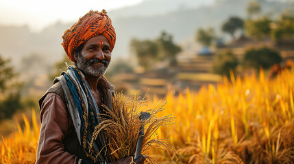 Happy Indian farmer holding sickle and crops in hand