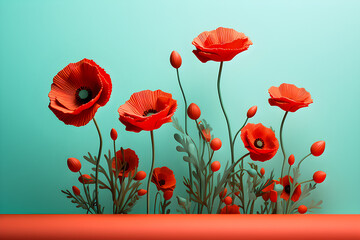 Red poppies in paper style on  blue background, generated ai