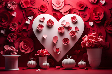 3D illustration decoration for Valentine's Day: pink rose petals, red hearts , generative ai