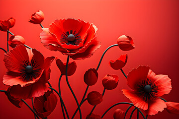 Red poppies in paper style on red background, generated ai