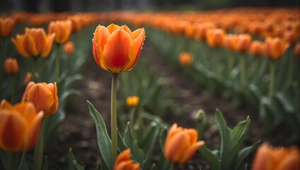 Vivid Blooms: Close-Up of Orange Tulips Flourishing in a Springtime Field