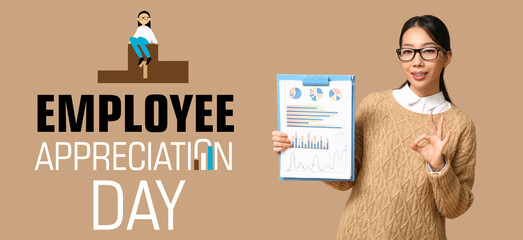 Festive banner for Employee Appreciation Day with Asian businesswoman holding document