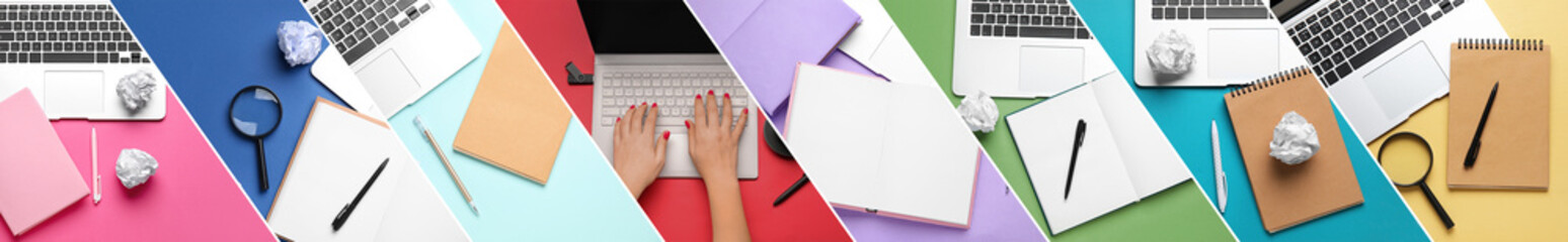 Collage of laptops with notebooks, magnifiers, crumpled papers and pens on color background, top...