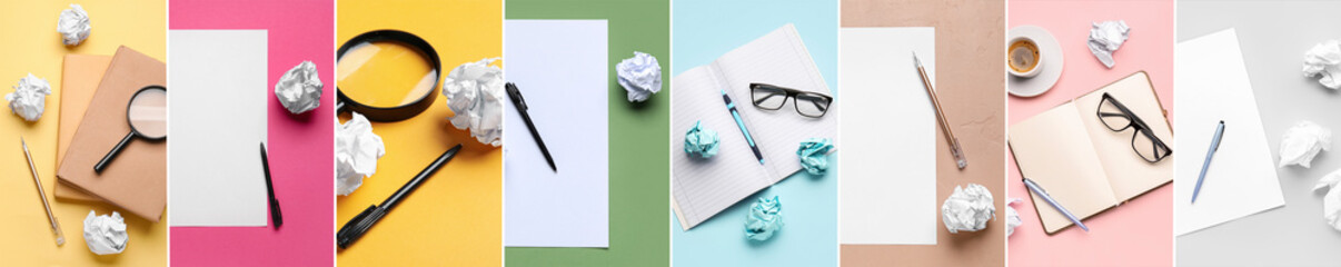 Collage of notebooks, magnifiers, crumpled papers, eyeglasses and pens on color background - obrazy, fototapety, plakaty
